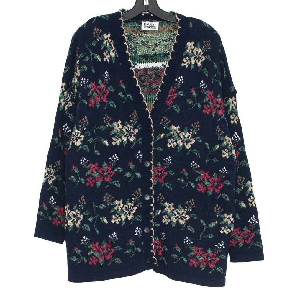 Vintage Floral Cardigan Button Up Grandmacore Cottagecore Cozy Navy Plus Size 2X
